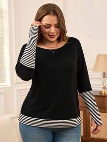 Rosumi 大码女式纯色条纹拼布圆领宽松休闲长袖 T 恤，秋季女装 - 黑色 - 查看 5