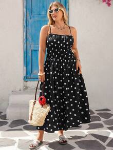 Vivid Eden 大码波点印花休闲度假吊带裙 - 黑色 - 查看 6