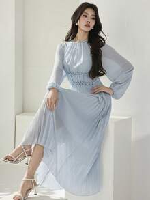 Heiryn Đầm midi xếp ly thanh lịch, thời trang dành cho nữ, viền bèo nhún. - Màu xanh lam - Xem 7