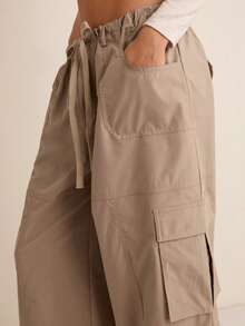 Easelle 純色抽繩高腰寬腿貨物褲