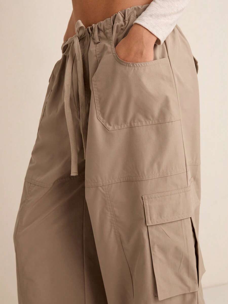 Easelle 純色抽繩高腰寬腿貨物褲