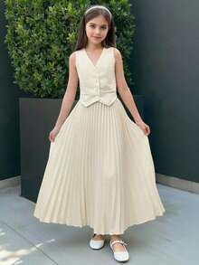 Firerie Kids 少女杏色吊带背心上衣和百褶A字裙套装，通勤休闲时尚 - 杏色 - 查看 5