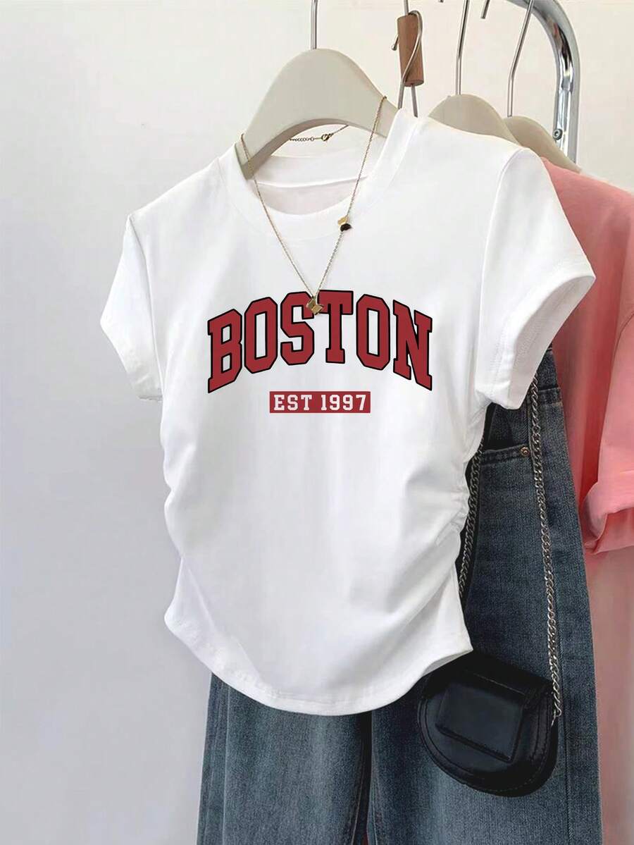 SHEIN 女士修身字母印花T恤,显瘦版型,休闲户外/运动风格,夏季新品,白色 - 白色 - 查看 1