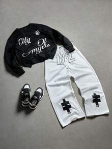 PAVTROS Ensemble sweat-shirt noir à imprimé lettres et pantalon blanc à cordon de serrage pour hommes - Multicolore - Voir 1