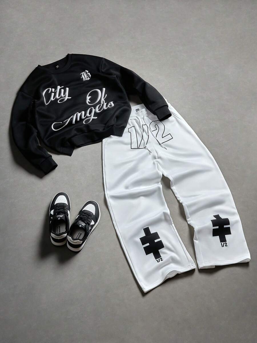 PAVTROS Ensemble sweat-shirt noir à imprimé lettres et pantalon blanc à cordon de serrage pour hommes - Multicolore - Voir 1