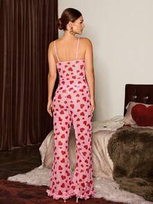 Slumberist 3pcs Sexy Red Heart Print Lace-Up Robe, Mesh Camisole And Shorts Set Red Heart Print Sleepwear Heart Print Pajama Set Two Piece Sleepwear Set Pink Heart Pajamas Pajamas Set Two Piece - Pink - View 5