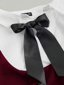 SHEIN MOD 大码蝴蝶结前襟荷叶袖二合一连衣裙 - 酒紅色 - 查看 3