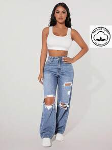 SHEIN PETITE Jeans rectos de cintura alta con lavado desgastado y efecto desgastado - Azul - Ver 4