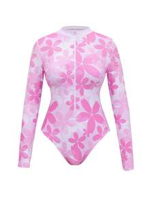 Swim Mulvari Spring/Summer Women's New Pink Floral Print 4-Piece Set: One-Piece Swimsuit With Sheer Skirt, Long Sleeve Top, And Slim Fit Pants, Modest Yet Fashionable Vacation Burkini Long Beach Dress Resort Wear Women Pink Floral Maxi Dress Long Sleeve Maxi Dresses Orchid Dress - Pink - View 11
