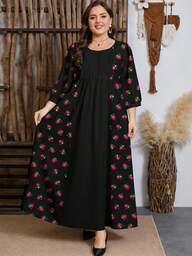 SHEIN Najma رمضان فستان متوسط الطول مطبوع رقميًا بطبعات زهرية ونباتية مع خصر مجعد وذيل مفرود، بأكمام طويلة وياقة مستديرة للمرأة ذات الحجم الكبير