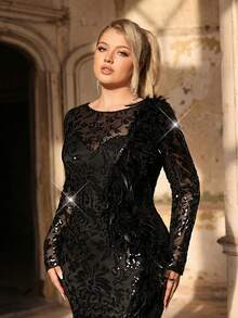 Glamrae 大码优雅浪漫黑色奢华亮片网纱透视长袖羽毛装饰高开衩鱼尾连衣裙，适合派对、庆典、婚礼、正式晚宴（鸵鸟毛） - 黑色 - 查看 3