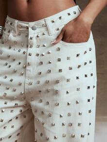 Denimoi Quần jeans ống rộng đính đinh tán, thời trang đường phố, quần jeans cá tính, trang phục đi xem hòa nhạc, tiệc GNO (Girls' Noon), - Màu be - Xem 2