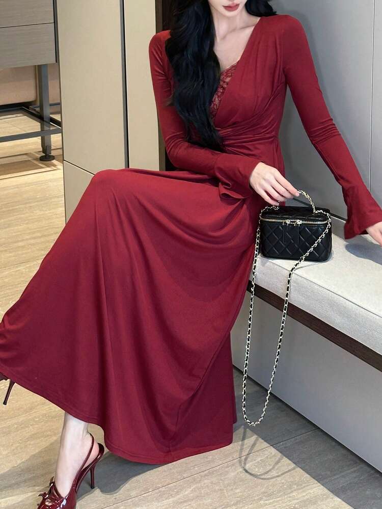 Women's Solid Color Minimalist Long Sleeve Dress, Casual Everyday Wear Maxi Dress Sundress
