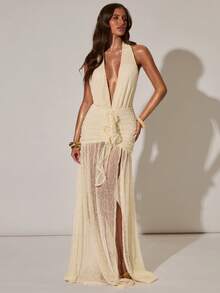 SHEIN BAE Robe décontractée de vacances à col V profond et froncée pour femmes, convenant aux vacances décontractées, aux voyages à la plage, aux fêtes, aux mariages. Robe élégante jaune - Jaune clair - Voir 4