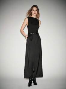 Lumivelle Women's Minimalist Woven Patchwork Jumpsuit Women's Jumpsuits - Black - View 3