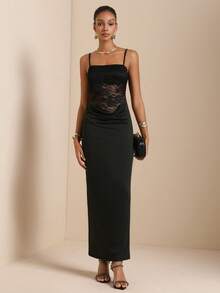 SHEIN Veneréa Women's Black Lace Maxi Slip Dress - Black - View 5