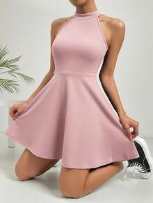 SHEIN Essnce 优雅纯色露背休闲连衣裙，夏季 - 藕粉色 - 查看 6