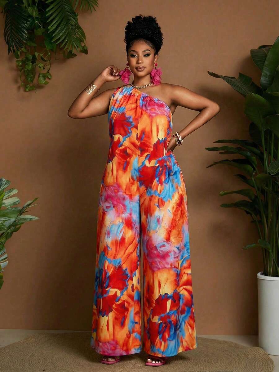 Maweii 大码女式不对称领口无袖阔腿休闲连体裤 - 彩色 - 查看 1