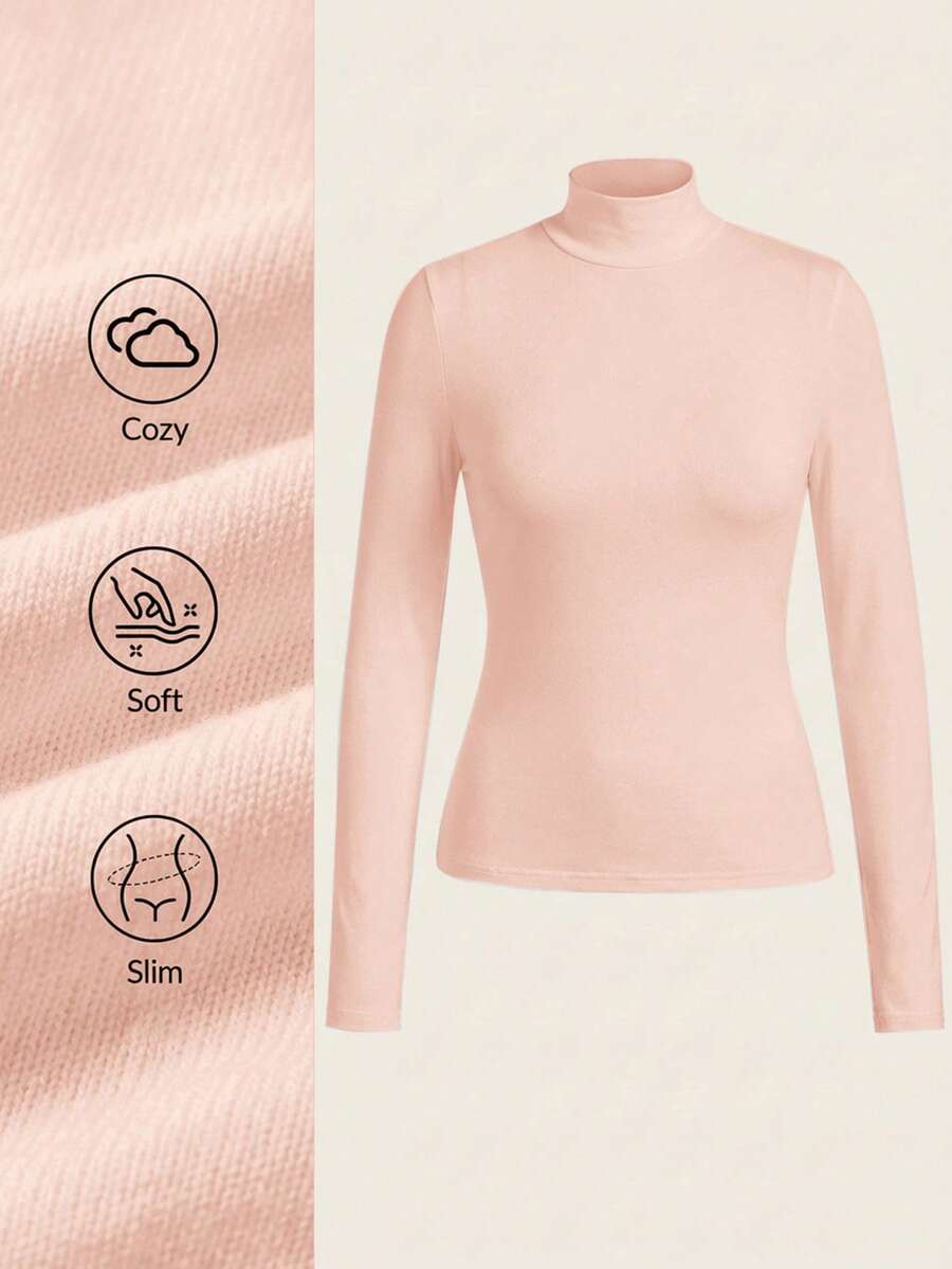 SHEIN BASICS Women's Casual Solid Color Knit Fitted Regular Collared Long Sleeve T-Shirt