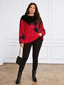 EMERY ROSE Sweatshirt Wanita Ukuran Besar Motif Kotak-kotak Merah & Hitam, Pullover untuk Musim Gugur/Dingin, Model Baru 2025, Tahun Baru, Nyaman untuk Musim Gugur dan Musim Dingin - MultiWarna - View 5