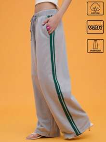 COUREZ Quần jogger dáng rộng với sọc bên hông / Quần mùa hè phong cách Y2K, chất liệu cotton cổ điển. - Màu Xám nhạt - Xem 1