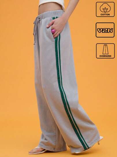COUREZ Pantalones de chándal oversize con rayas laterales / Conjuntos de verano Y2K para mujer Prendas inferiores de verano Algodón vintage