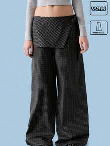 COUREZ Wide Leg Black Skouser Skirt Overlay Trousers In Lightweight Check Fabric /Y2K Fall Clothes Winter Clothes Streetwear Women Bottoms Tie Side Oversized Trousers - Black - View 1