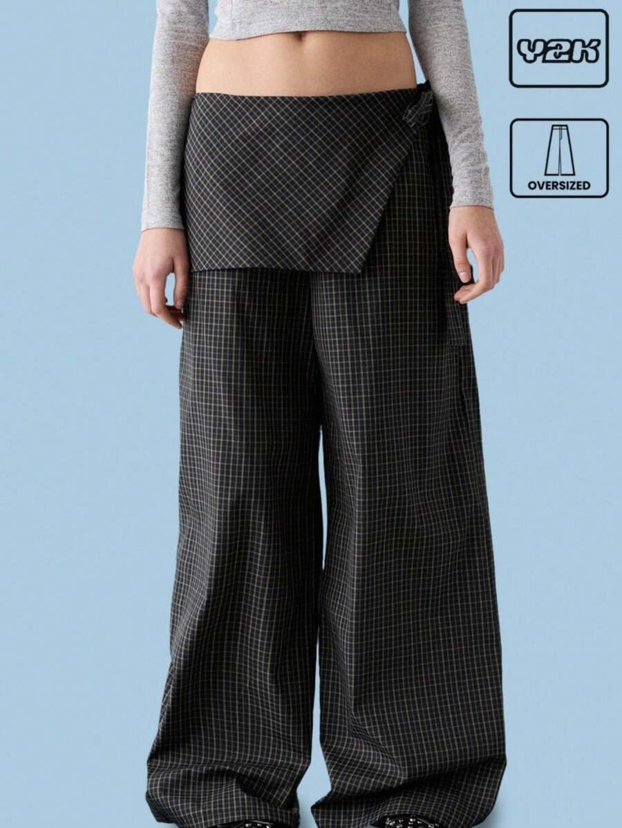 COUREZ Wide Leg Black Skouser Skirt Overlay Trousers In Lightweight Check Fabric /Y2K Fall Clothes Winter Clothes Streetwear Women Bottoms Tie Side Oversized Trousers - Black - View 1