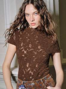Anewsta 棕色优雅修身钩针镂空高领短袖女式T恤 - 棕色 - 查看 1