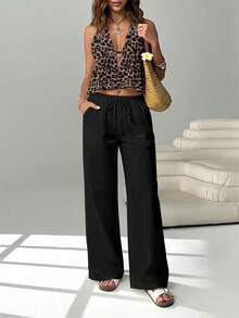 SHEIN EZwear 性感豹纹系带露背吊带背心搭配黑色阔腿抽绳裤两件套，适合夜店、度假、海滩、锐舞派对、夏威夷等场合。女士度假套装，女士两件套夏季套装。 - 彩色 - 查看 7