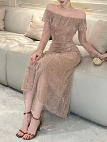 DAZY Women's Elegant Party Glitter Off Shoulder Ruffle Midi Dress Spring - Champagne - View 4