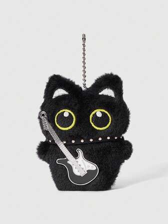 Kawaii 1pc Black Retro Punk Style Plush Guitar Necklace, Black Cat Multifunctional Accessory Clip - Keychain, Bag Charm, Can Be Hung On Bags, Pants, Suitable For Daily, Campus, Shopping, Dating, Etc.
