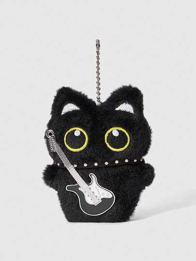 Kawaii 1pc Black Retro Punk Style Plush Guitar Necklace, Black Cat Multifunctional Accessory Clip - Keychain, Bag Charm, Can Be Hung On Bags, Pants, Suitable For Daily, Campus, Shopping, Dating, Etc.