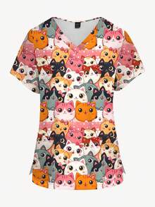 PopScrub Áo đồng phục mùa hè cỡ lớn với nơ và họa tiết mèo hoạt hình dễ thương, áo đồng phục y tá thoải mái dành cho phụ nữ. - Nhiều màu - Xem 6