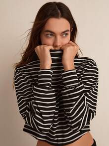 Easelle Women Black & White Striped Turtleneck Crop Top Summer/Fall - Black and White - View 1