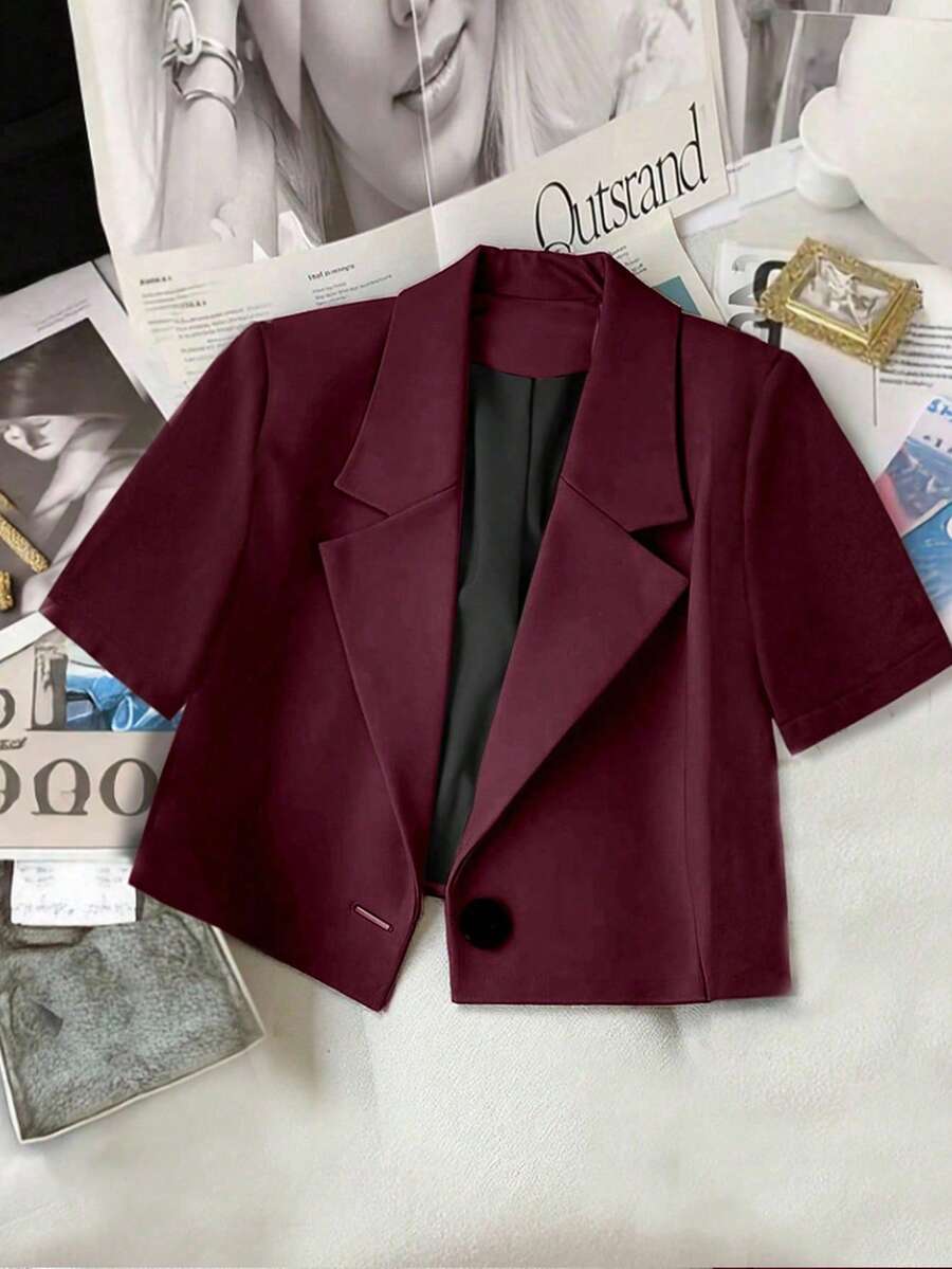 Franclia Elegant Short Sleeve Blazer Jacket, Suitable For Daily Commute - Burgundy - View 1