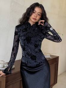 EastFlair Women's Floral Pattern Shiny Elegant Blouse With Button Design - Black - View 1