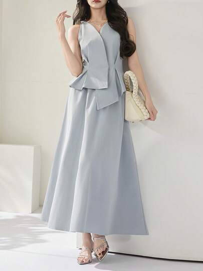 Heiryn 女士优雅通勤纯色束腰无袖上衣和半裙两件套