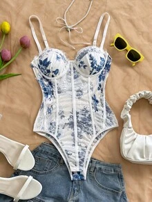 Soleia Leopard Print Bustier Lace Trim Bodysuit, Sexy Backless Spaghetti Strap Slim Fit Bodysuit For Holiday, Party, Date, Valentine's Day, Afternoon Tea - Blue and White - View 3