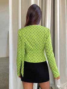 Aloruh Women's Elegant Polka Dot Print Deep V-Neck Fitted Blazer Jacket With Tie, Suitable For Work And Commute - Mint Green - View 2