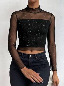 Top de red con transparencia y para mujer  medio forro manga larga cuello alto estampado de brillos estrellas doradas o plateadas ajuste ceñido tela ligera ideal para outfits modernos y ocasiones especiales blusa de mesh - Negro y plata - Ver 1