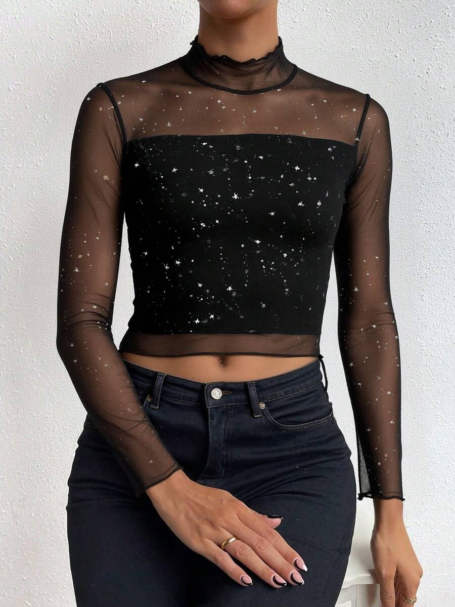 Top de red con transparencia y para mujer medio forro manga larga cuello alto estampado de brillos estrellas doradas o plateadas ajuste ceñido tela ligera ideal para outfits modernos y ocasiones especiales blusa de mesh - Negro y plata - Ver 1