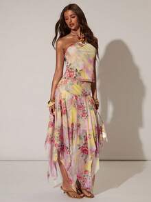 SHEIN BAE Women's Spring/Summer Vacation Casual Printed Pattern Beaded Halter Neck Tank Top, Suitable For Vacation, Casual Outings, Music Festivals, Printed Tank Top - Pink - View 1
