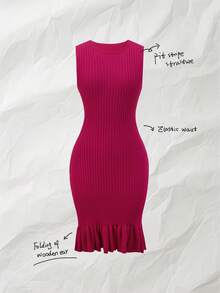 Breezaya Vestido de suéter de punto acanalado con volantes en el bajo, sin cinturón, para ropa de Año Nuevo - Rosa Roja - Ver 3