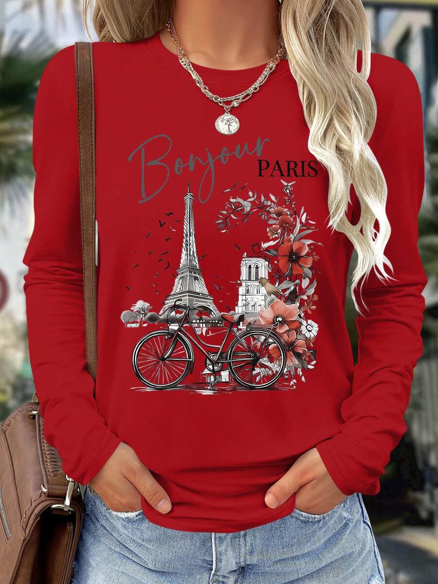 SHEIN LUNE Áo thun dài tay in kỹ thuật số chủ đề Paris lãng mạn, thoải mái, đa năng, thường ngày, dành cho nữ, thích hợp mặc khi đi chơi và mặc hàng ngày, mùa xuân/hè - Đỏ - Xem 1