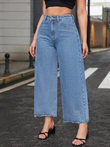 SHEIN ICON Quần jeans ống đứng cạp chun, gấu quần rách tua rua dành cho nữ cỡ lớn, màu xám nhạt. - Rửa nhẹ - Xem 4