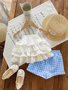 Babygirl Summer Cute Vacation Ruffle Camisole Top And Plaid Shorts Set - Blue - View 8