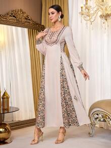 Al Najma Đầm dài tay cổ tròn kiểu Ả Rập phối màu tương phản dành cho nữ - Nhiều màu - Xem 1
