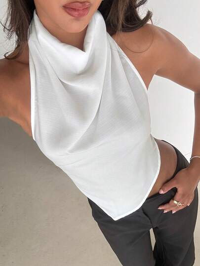 Aloruh Women's Solid White High Neck Backless Tie-Up Asymmetric Design Blouse