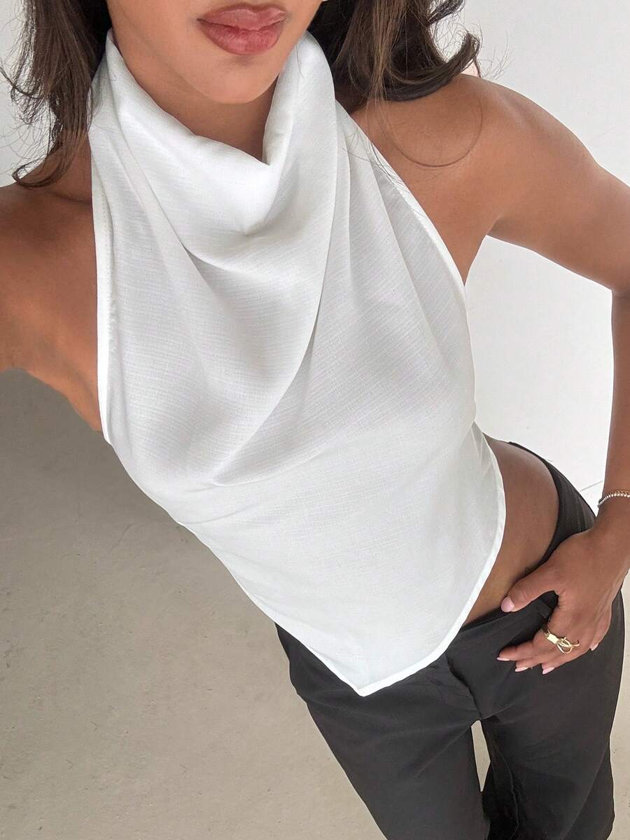 Aloruh Women's Solid White High Neck Backless Tie-Up Asymmetric Design Blouse - White - View 1